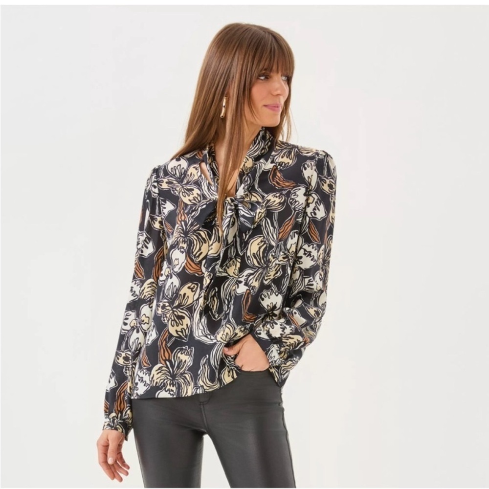 New Lilly Pulitzer Eleanor V-Neck Silk Top Long Sleeve Blouse Women's M Onyx
